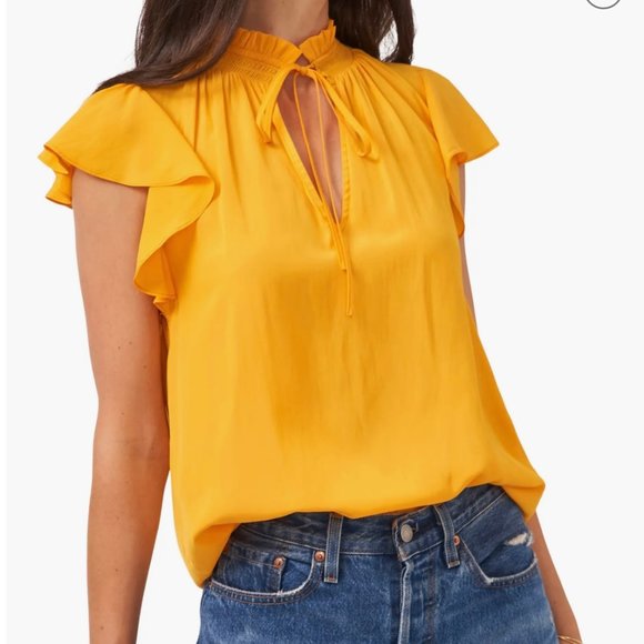 1. State Tops - REVOLVE - 1. STATE AUTUMN GOLD FLUTTER SLEEVE KEYHOLE MOCK NECK TUNIC TOP BLOUSE